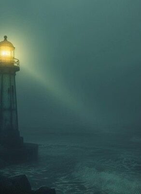 Phare allumé dans la brume au-dessus d’une mer sombre