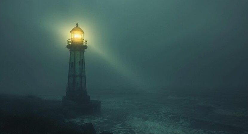 Phare allumé dans la brume au-dessus d’une mer sombre
