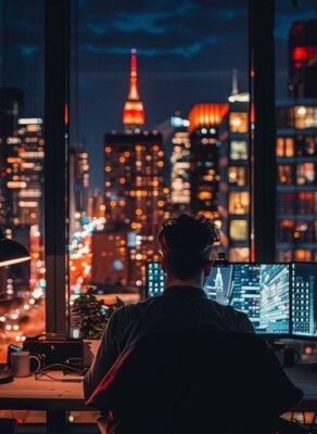 Personne travaillant devant des écrans, face à une ville nocturne