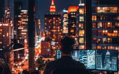 Personne travaillant devant des écrans, face à une ville nocturne