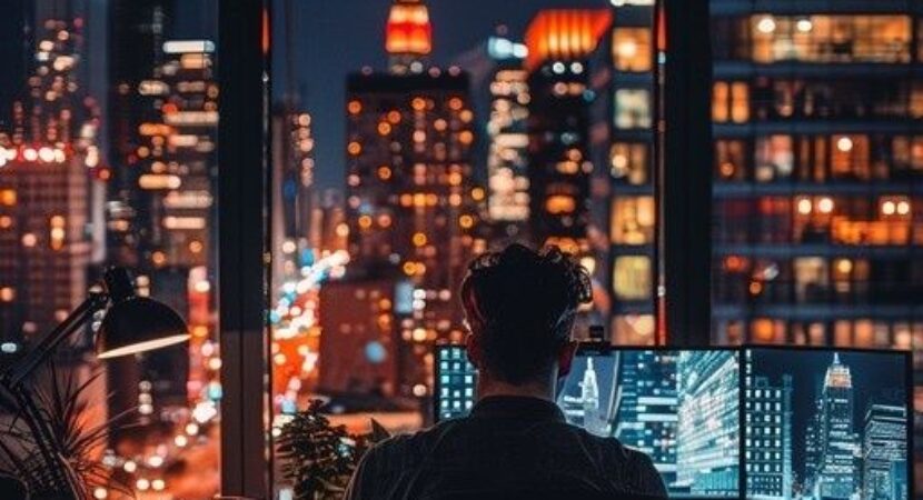 Personne travaillant devant des écrans, face à une ville nocturne