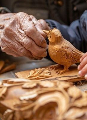 Mains sculptant un oiseau en bois sur un établi couvert de copeaux