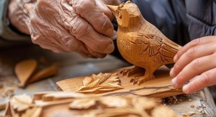 Mains sculptant un oiseau en bois sur un établi couvert de copeaux